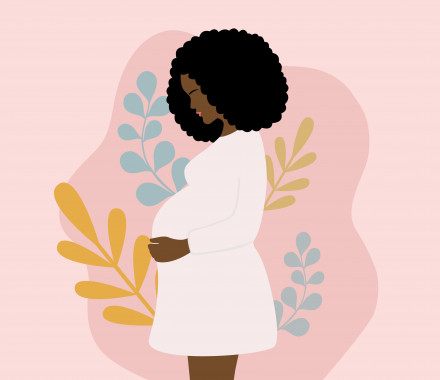 illustration Side View Of Young Pregnant African Woman With Black Curly Hair Holding Her Belly. Pregnancy And Motherhood