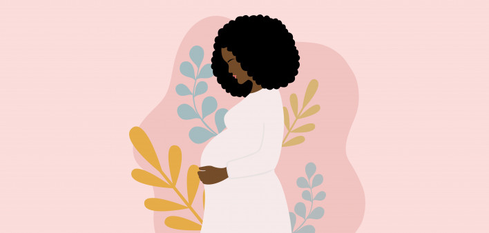 illustration Side View Of Young Pregnant African Woman With Black Curly Hair Holding Her Belly. Pregnancy And Motherhood