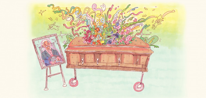 illustration casket with streamers flying out