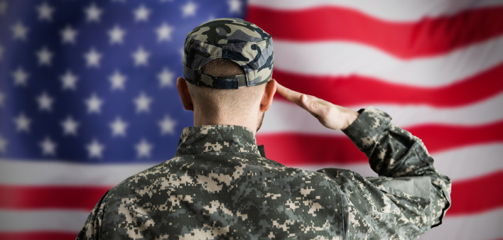Military US Soldier Saluting Flag. Army Veteran