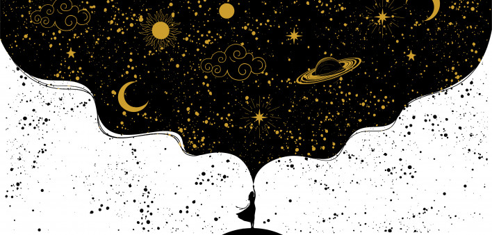 Woman touching space with hand, mystical universe poster