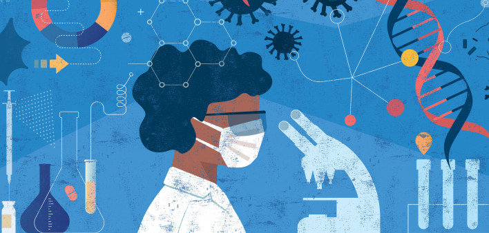 Woman Scientist Researching COVID-19 Concept stock illustration Healthcare And Medicine, Science, Illustration,