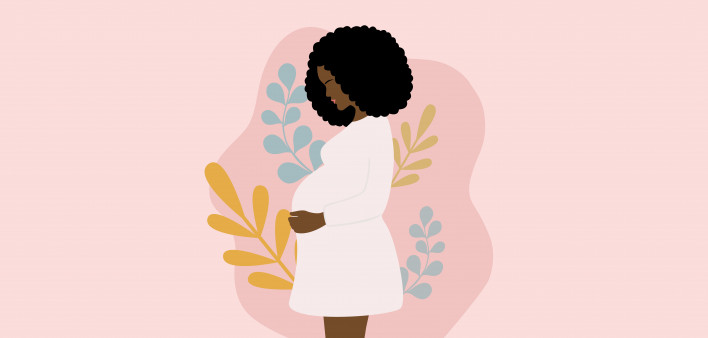 illustration Side View Of Young Pregnant African Woman With Black Curly Hair Holding Her Belly. Pregnancy And Motherhood
