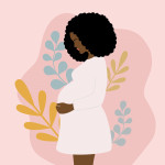 illustration Side View Of Young Pregnant African Woman With Black Curly Hair Holding Her Belly. Pregnancy And Motherhood