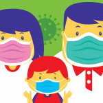 Boy and parents wearing face masks stock illustration