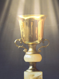 Golden trophy on pile of books, against blackboard, with sun rays over trophy; learning/achievement