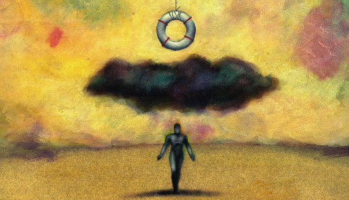 illustration of life preserver hanging over a black cloud and dark figure