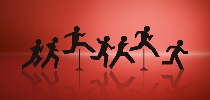 an illustration of cut out figures jumping over hurdles