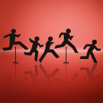 an illustration of cut out figures jumping over hurdles