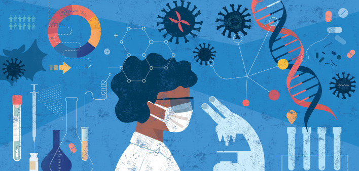 Woman Scientist Researching COVID-19 Concept stock illustration Healthcare And Medicine, Science, Illustration,