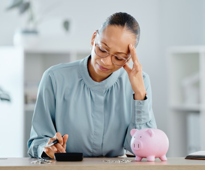 Debt, broke and financial crisis for a business woman frustrated and stressed without money.