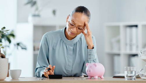 Debt, broke and financial crisis for a business woman frustrated and stressed without money.