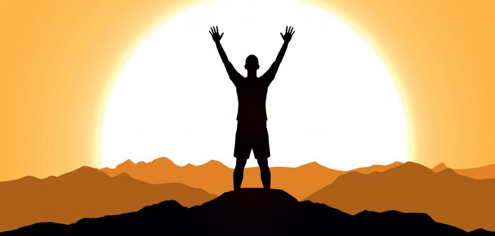 illustration man holding up arms at sunrise