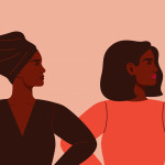 Three strong African women stand together. Concept of fighting for equality and female empowerment movement.