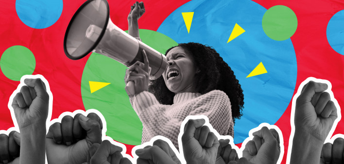 illustration demonstration woman megaphone raised fists