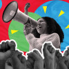 illustration demonstration woman megaphone raised fists