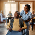 African American senior in wheelchair and young nurse looking through the window at residential care home.