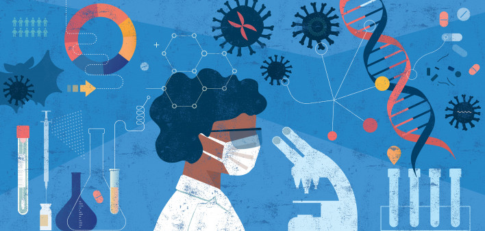 Woman Scientist Researching COVID-19 Concept stock illustration Healthcare And Medicine, Science, Illustration,