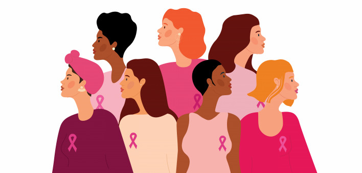 illustration of woman wearing pink ribbons breast cancer awareness