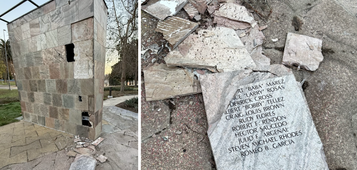 Damaged sections of The Wall Las Memorias AIDS Memorial in Los Angeles, January 2025
