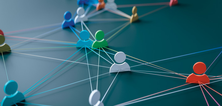 illustration figures attached by strings connections social network