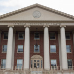 View of the main historical building of the National Institutes of Health inside Bethesda campus