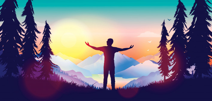 Silhouette of man outstretched arms sunrise mountains illustraion