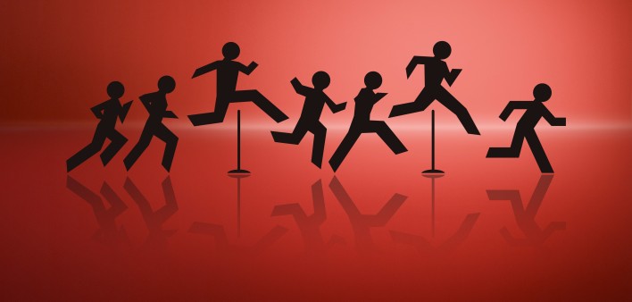 an illustration of cut out figures jumping over hurdles