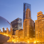 City skyline and reflection in mirror at sunset, Chicago, IL