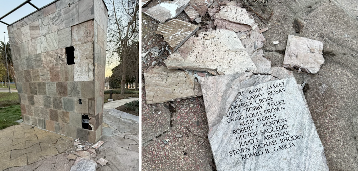 Damaged sections of The Wall Las Memorias AIDS Memorial in Los Angeles, January 2025