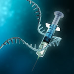 Coronavirus or sars-cov-2 virus cell with messenger RNA or mRNA and syringe