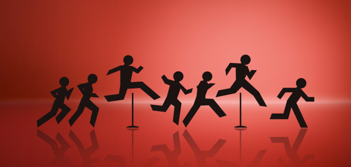 an illustration of cut out figures jumping over hurdles
