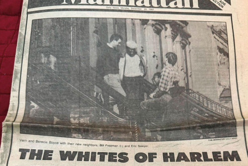 New York City newspaper headline spotlighting Eric Sawyer meeting his new Harlem neighbors, 1982