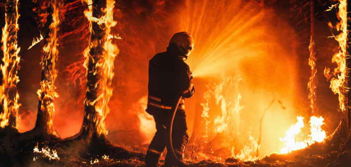 Professional Firefighter Extinguishing Large, High-Priority Part of the Forest Fire.