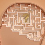 an illutration of a head with a maze for a brain with a question mark in the center