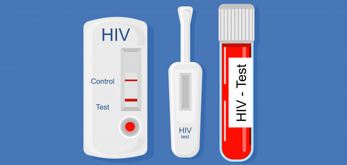 Express HIV self-test kit illustration with Laboratory tube with blood.Different types of medical tools