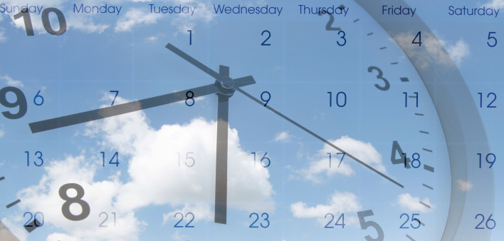 photo collage of clock, calendar and clouds