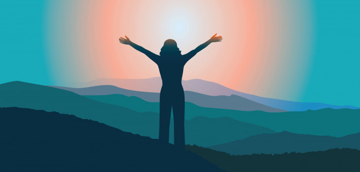 woman sunrise mountains illustration