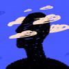 A black silhouette of a head surrounded by clouds, a symbol of postcovid syndrome, brain fog