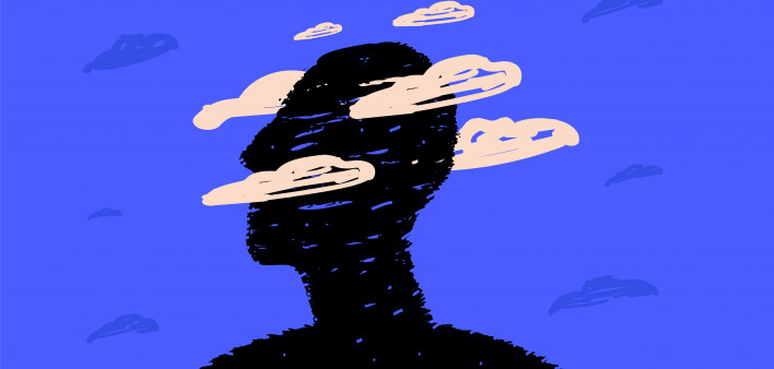 A black silhouette of a head surrounded by clouds, a symbol of postcovid syndrome, brain fog