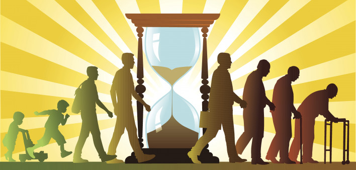 People Growing Old and Hourglass