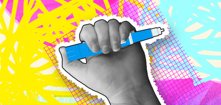 Collage style hand holding semaglutide Injection Pen cost or money concept with textures and vibrant colors stock illustration Semaglutide, Dieting, Injecting, Illustration, Medical Injection