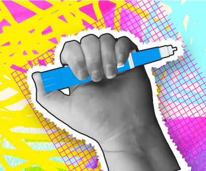 Collage style hand holding semaglutide Injection Pen cost or money concept with textures and vibrant colors stock illustration Semaglutide, Dieting, Injecting, Illustration, Medical Injection