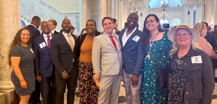 From left: Jada Hicks (CHLP), Jesse Milan (AIDS United), Phillip Westry and Ronnie Taylor (FreeState Justice), Maryland bill sponsor Delegate Kris Fair, Michael Elizabeth (Equality Federation), Camila Reynolds-Dominguez (Chief of Staff for Delegate Fair) 
