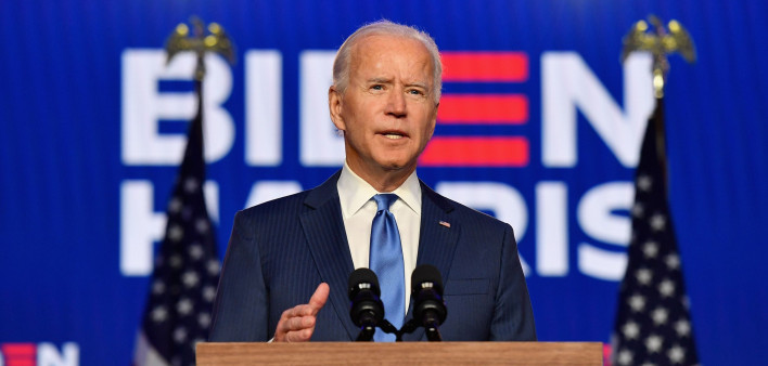 Democratic presidential nominee Joe Biden delivers remarks at the Chase Center in Wilmington, Delaware, on November 6, 2020.