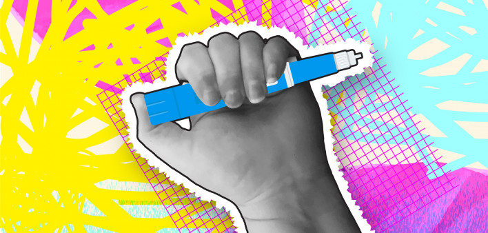 Collage style hand holding semaglutide Injection Pen cost or money concept with textures and vibrant colors stock illustration Semaglutide, Dieting, Injecting, Illustration, Medical Injection