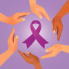 6 hands in circle around purple ribbon