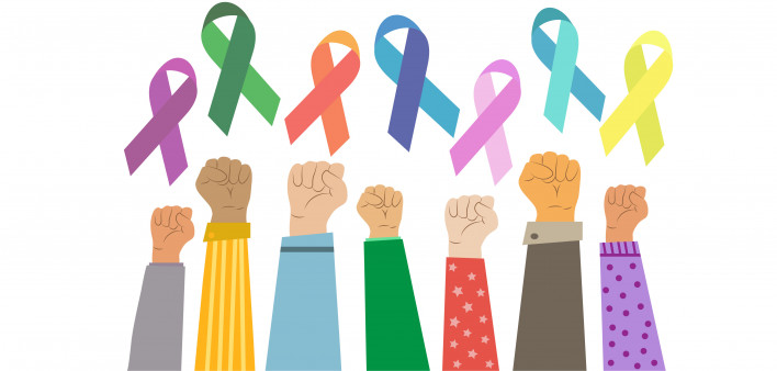 illustration fists raised and colored ribbons