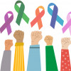 illustration fists raised and colored ribbons