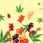 Colored gummies fly along with cannabis leaves. Chewing candies, gummies with CBD oil and THC. Colorful creative background,